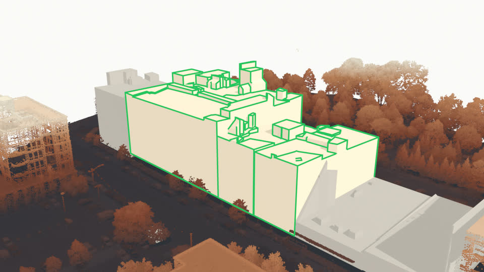 Itasca Lofts outlined in green in a 3D model built from public lidar data