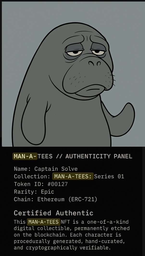 A trading card of a tired gray cartoon manatee above a black "authenticity panel" written in mock NFT language